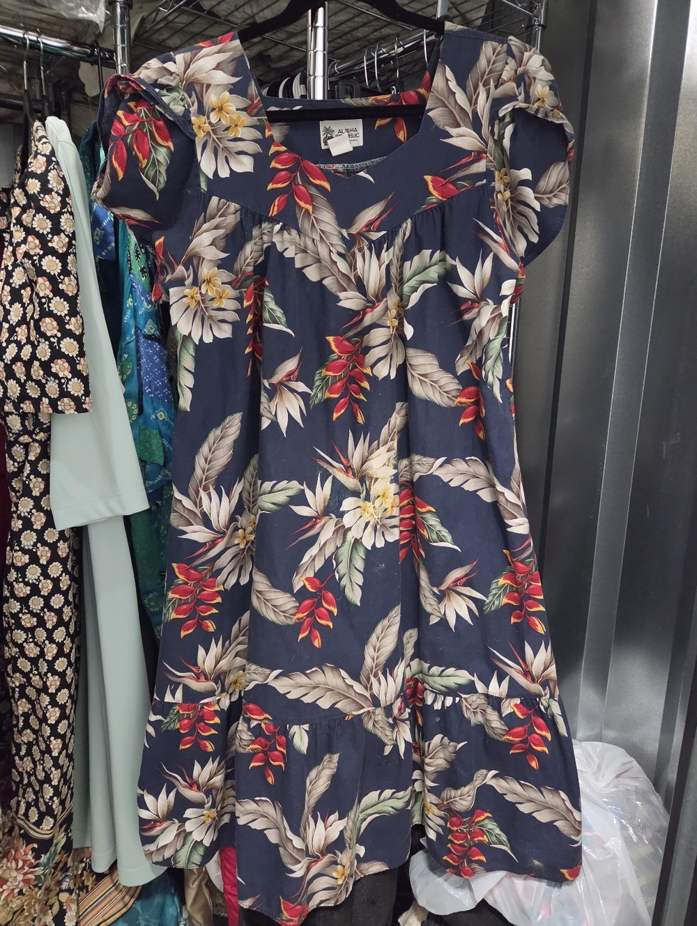 Navy Floral Midi Dress with Puff Sleeves